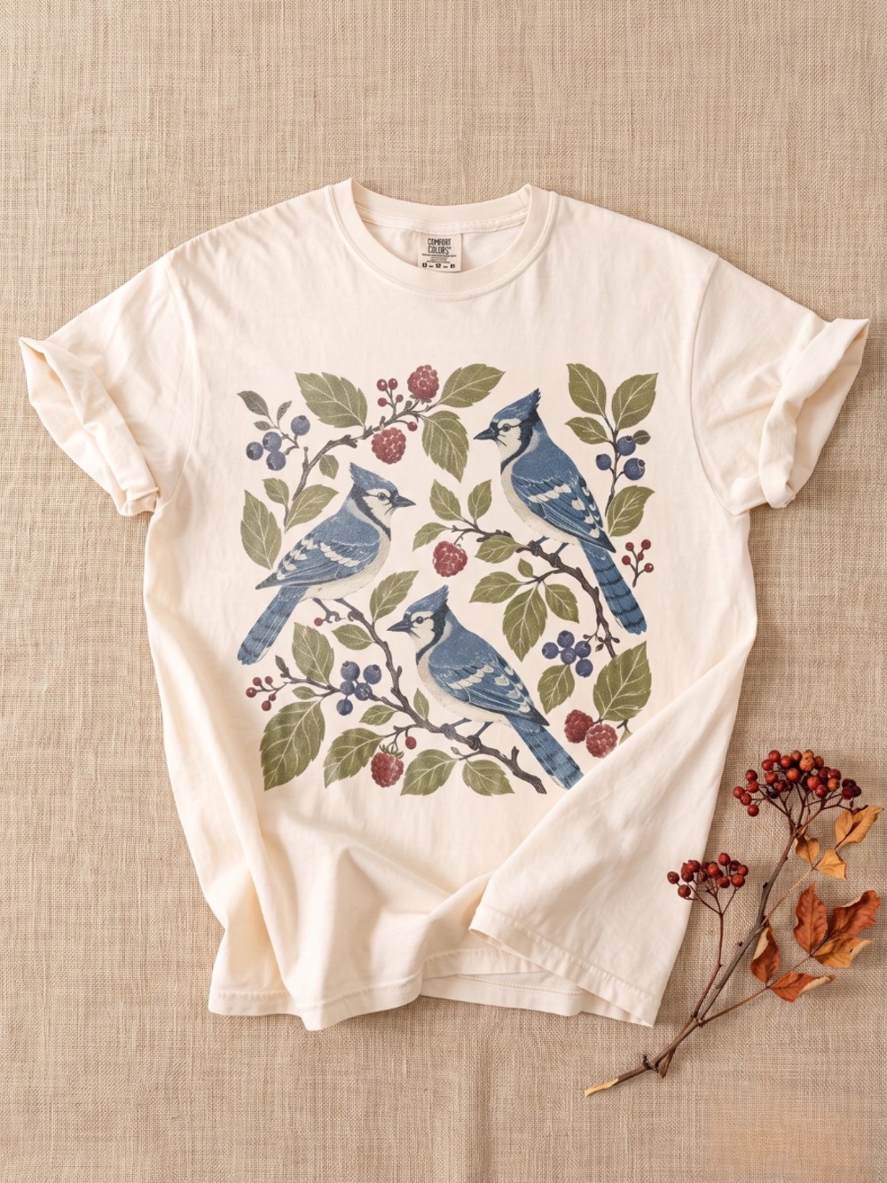 Vintage Blue Jay Graphic Tee, Berry Botanical Bird Comfort Colors Shirt